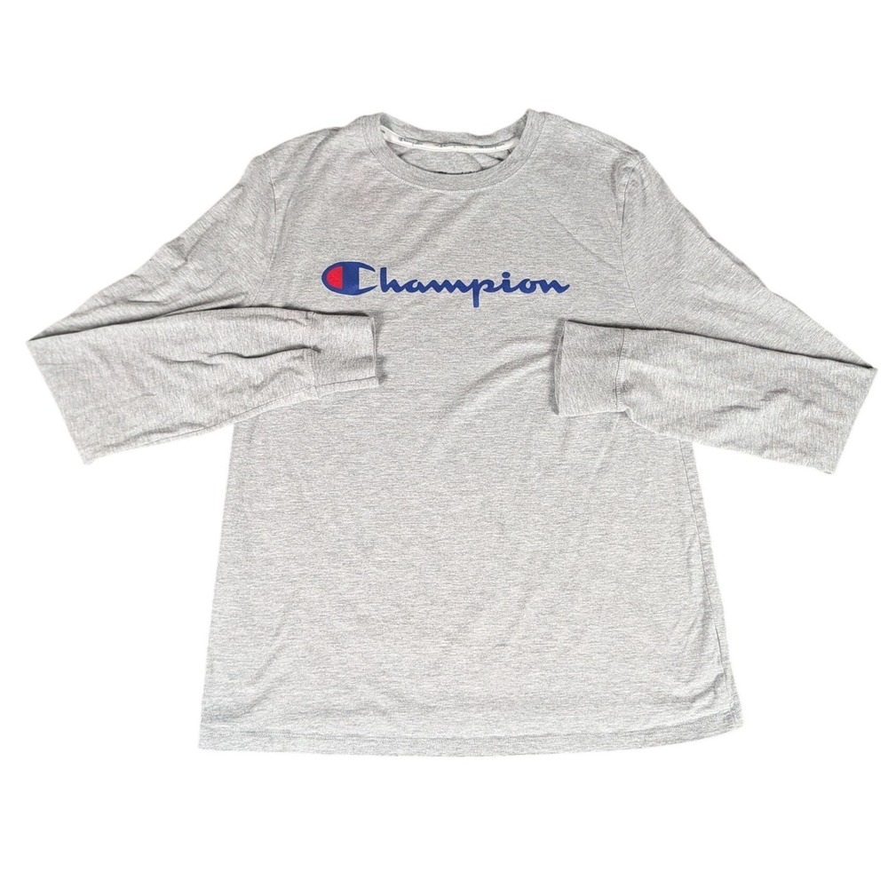 Champion Mens Long Sleeve Graphic T-Shirt Heather Gray Script Logo Athletic Tee